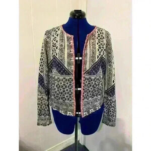 Lucky Lotus Terry cloth Open Front Cardigan Boho Print Ladies size Large